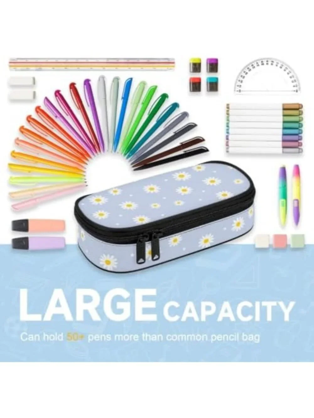 Cute Blue Daisy Flower Large Pencil Case | Stylish Pouch for Kids & Teens